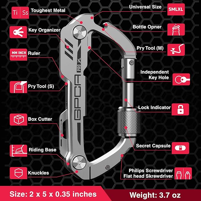 GPCA Carabiner Multitool - Carabiner Heavy Duty Key Clip for Keys Bottle Opener Screwdriver Box Cutter Ruler Keychain Clip Keychain Organizer EDC Gear for Camping &amp Hiking - Gifts for Men