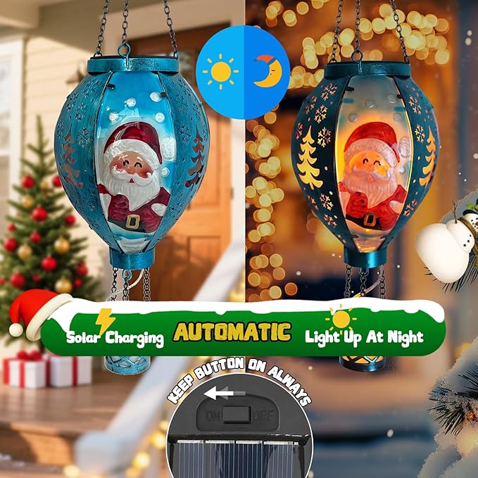 Outdoor Hot Air Balloon Solar Lanterns with Flame Solar Lights Outdoor Waterproof Hanging Christmas Lanterns Decor for Patio Porch Xmas Holiday Party(Santa Claus)