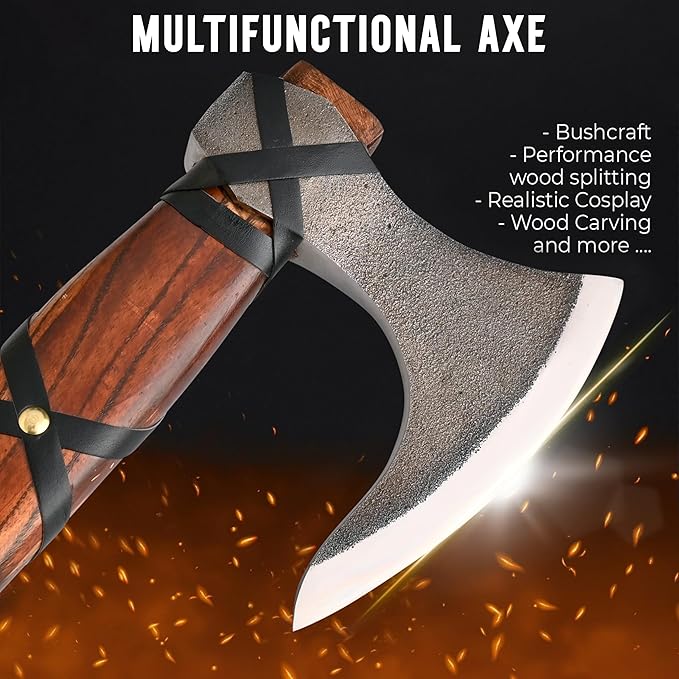 22-Inch Hand-Forged Viking Axe with Sheath Hatchet with Sheath Gift for Men Survival Axe Viking Bearded Camping Axe Ragnar Lothbrok Axe Viking Knives Best Gift Axe (Brown)