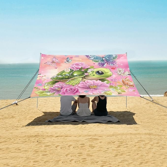 ALAZA Turtle Flowers Butterfly Dreamy Beach Tent Sun Shelter UPF50+ Protection Beach Shade Canopy w/ 4 Sandbags for Outdoor Camping Fishing Backyard Fun Picnic 10x9 ft