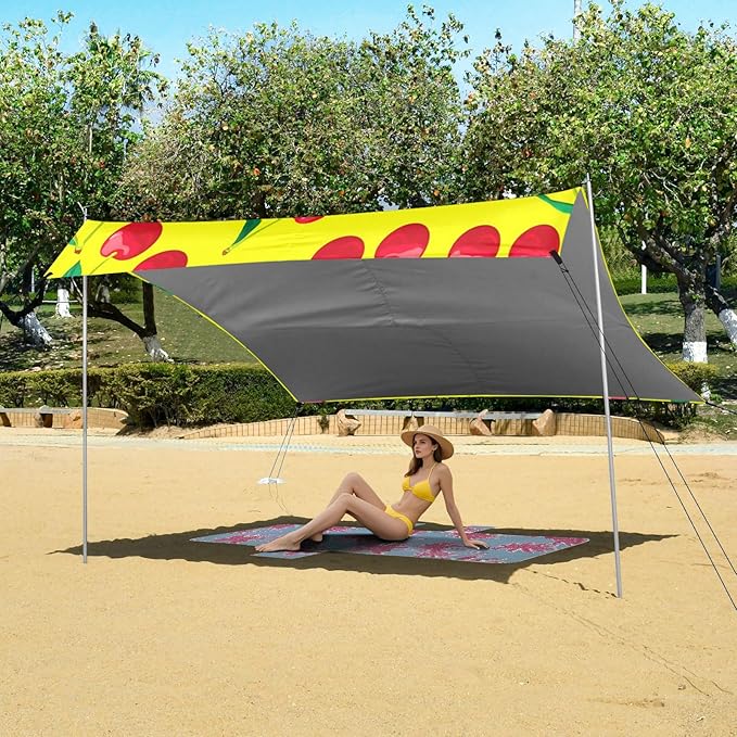 xigua Red Cherries Beach Tent Sun Shelter with Carrying Bag - Silver Coated Oxford Fabric Beach Canopy for Beach Camping Fishing - Includes Windproof Ropes Sandbags &amp Stakes