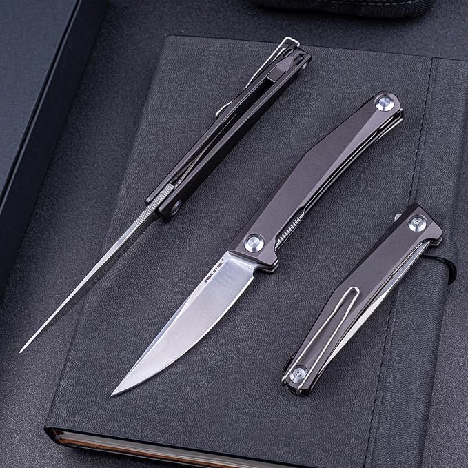 Real Steel Teres lightweight EDC Flipper Knife 3.11'' Nitro-V ‎Satin Hollow-Ground BladeAluminum HandleLiner Lock Knife Gentleman's Knife with Pocket ClipHunting Camping Hiking Fishing Knife Gift