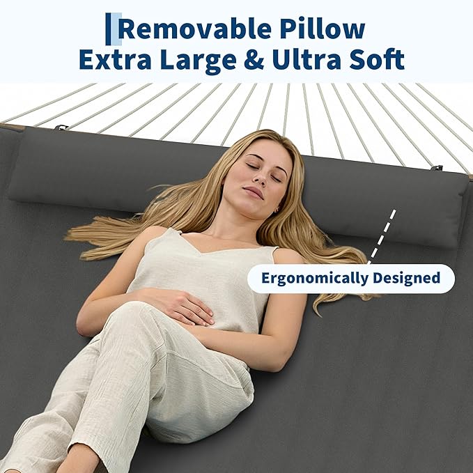 2 Person 12FT Hammocks for Outside Double Quilted Fabric Outdoor Hammock with Spreader Bar Large Removable Pillow Storage Pockets Carabiners Max 450 Lbs Capacity