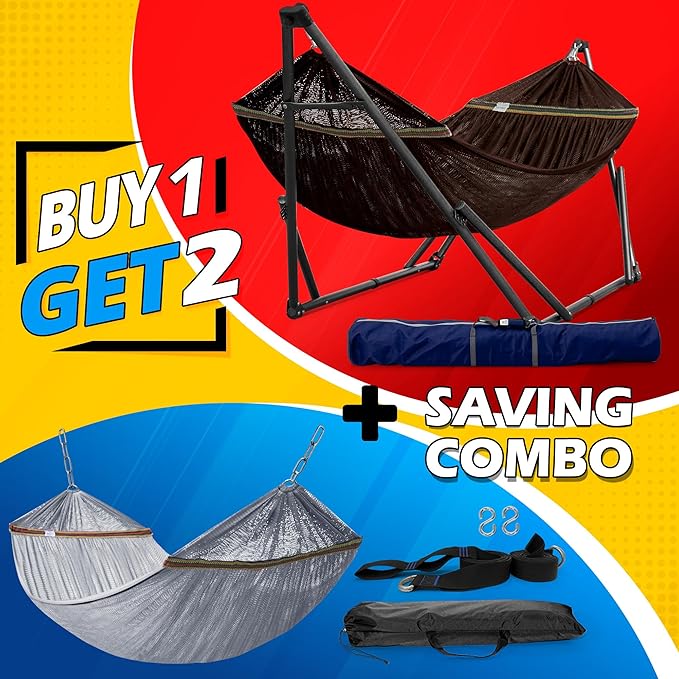 Tranquillo Combo x2 Hammocks with Stand for Outside &amp Tree Straps Heavy Duty Hammock with Stand 600lbs for Indoor Outdoor Patio Backyard x2 Hammocks for 2 Person (Combo - Brown Medium)
