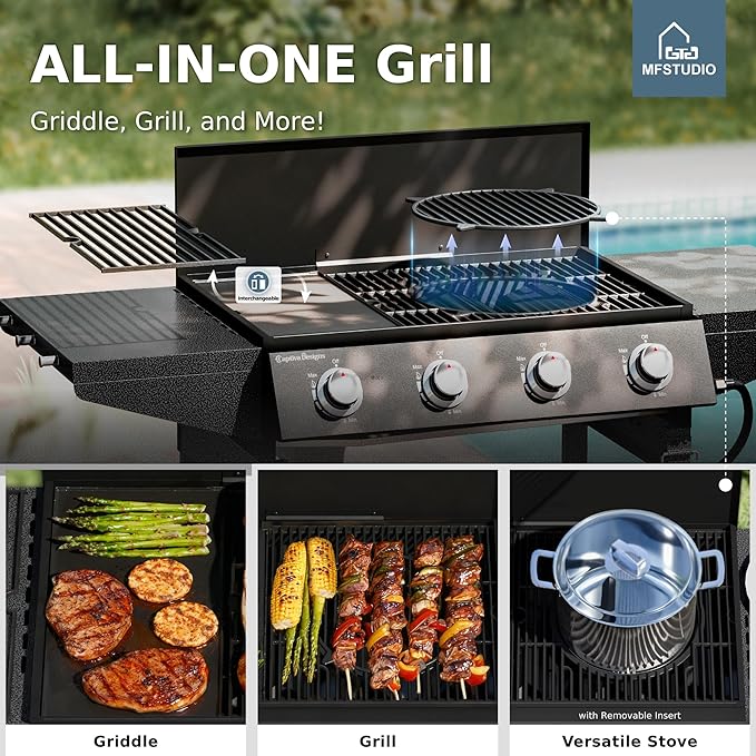 MFSTUDIO Propane Gas Grill and Griddle Combo 4-Burner Propane Grills with Porcelain-Enameled Cast Iron Grates 482 SQ.IN. Cooking Area 52000 BTU High Output for Outdoor Patio Barbecue and Meals