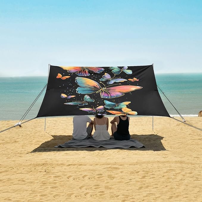 ALAZA Rainbow Butterfly Beach Tent Sun Shelter UPF50+ Protection Beach Shade Canopy w/ 4 Sandbags for Outdoor Camping Fishing Backyard Fun Picnic 10x9 ft