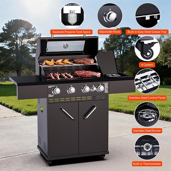 4 Burners Propane Gas Grill with Side BurnerStainless Steel Grill Outdoor Patio Garden Barbecue Grill with Clearview Oil Tray Built-in Thermometer for Barbecue Camping Patio Backyard