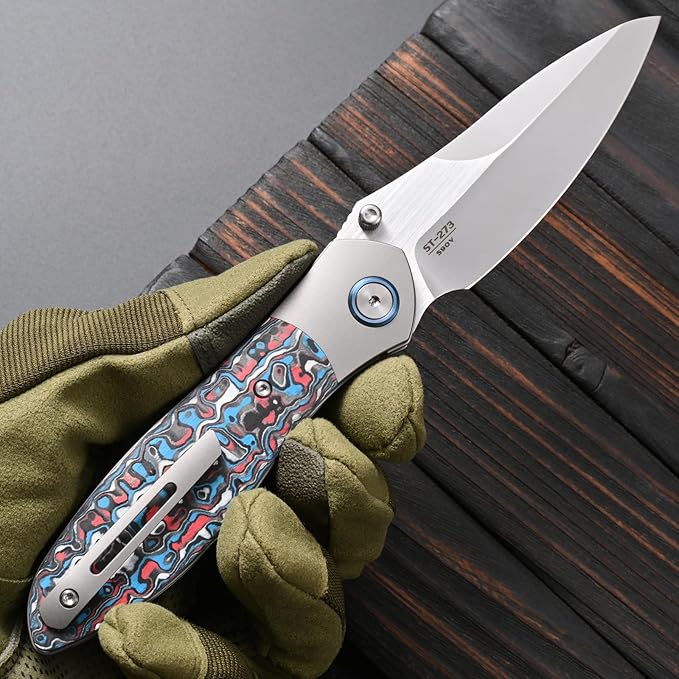 Sitivien ST273 Folding Knife S90V Steel Blade Titanium &amp Carbon Fiber Handle Knife with Pocket Clip for Outdoor Camping Hiking Survival Hunting (Blue+Red)