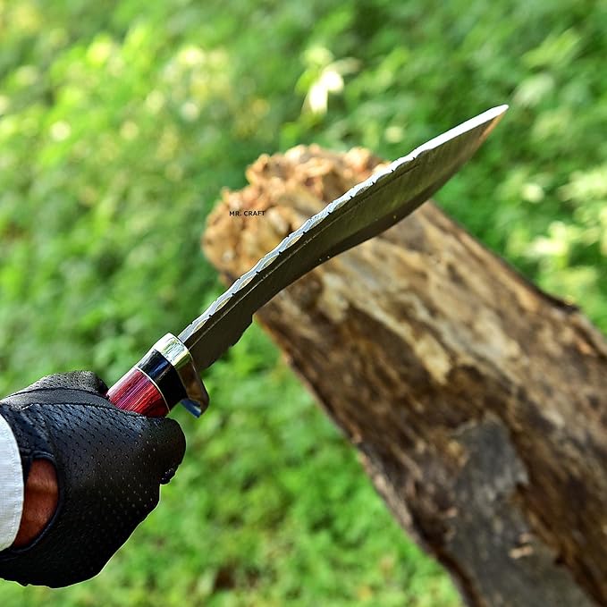MR. CRAFT Custom Handmade Traditional Kukri Damascus Steel Fixed Blade Knife With Sheath Full Tang Heavy Duty Camping Knives - Gifts for Men (Red Wood &amp Black Horn)