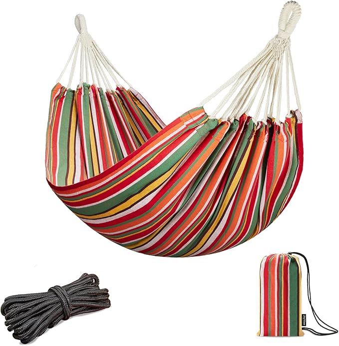 JoyView Brazilian Hammock for Single Person - Portable Cotton Hammock with Hanging Ropes &amp Carry Bag - 78.8x39.4' - 300LBS Capacity - Red &amp Green Stripes