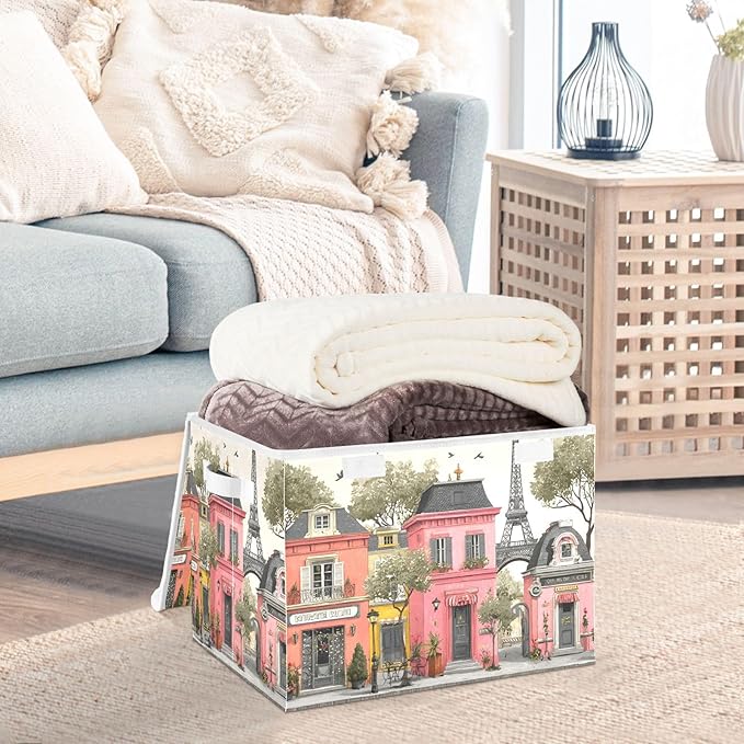 Street Of Paris Print Storage Basket Bins with Lid Foldable Flip-top with Handle for Home Office 16.5×12.6×11.8 in 1 Pack