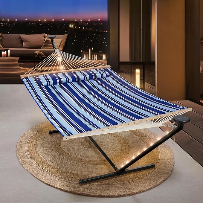 SUNCREAT Double Backyard Hammock with Solar Powered Lights for Outside 475 lbs Capacity Heavy Duty Self Standing Hammock with 12 ft Stand Blue