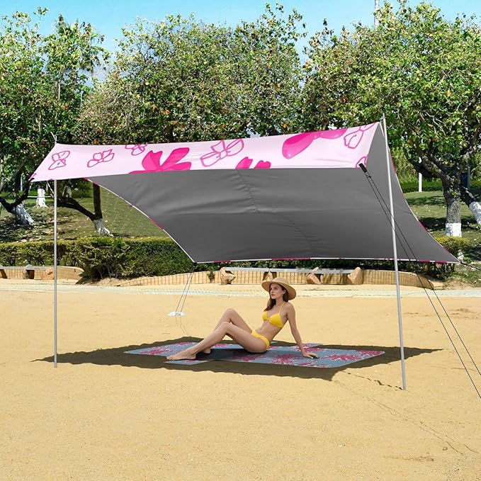 xigua Bow Tie Beach Tent Sun Shelter with Carrying Bag - Silver Coated Oxford Fabric Beach Canopy for Beach Camping Fishing - Includes Windproof Ropes Sandbags &amp Stakes