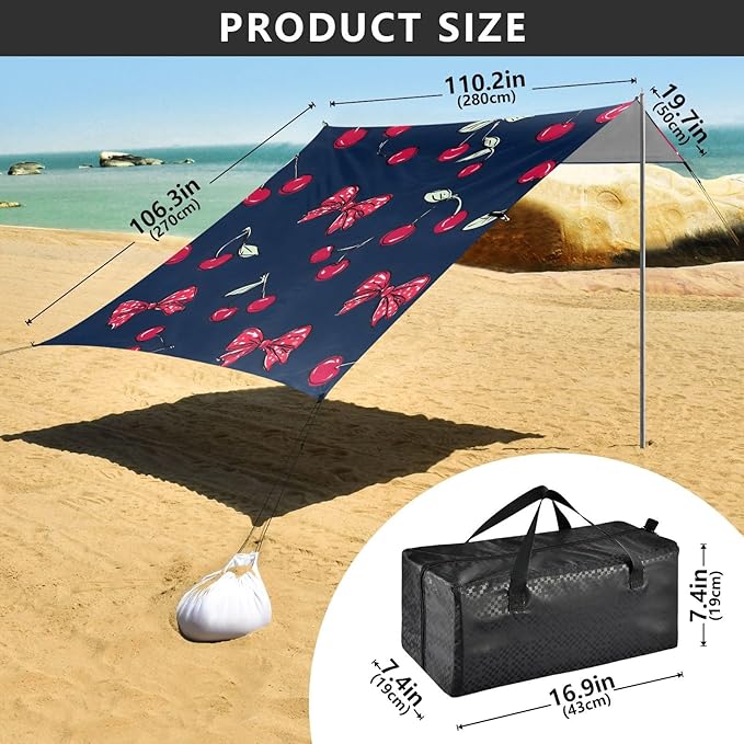 ALAZA Cherry Red Polka Dot Bow Pattern Beach Tent Sun Shelter Portable Canopy Sunshade for Outdoor Camping Picnics Backyard Fun 10x9 ft