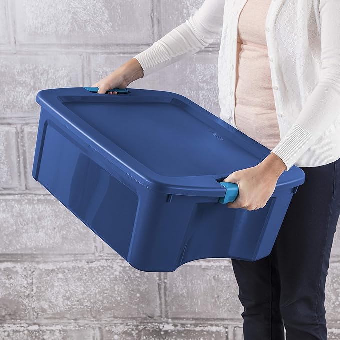 Sterilite 12 Gal Latch and Carry Stackable Storage Bin with Latching Lid Plastic Tote Container to Organize Closets Blue with Blue Lid 6-Pack