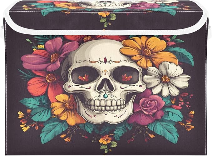 senya Large Storage Bins with Linen Halloween Skull Flower Collapsible Foldable Storage Cubes Fabric Closet Organizer Containers Box with Flip-Top Lid for Home Bedroom Office 16.7 x 12.6 x 11.8in