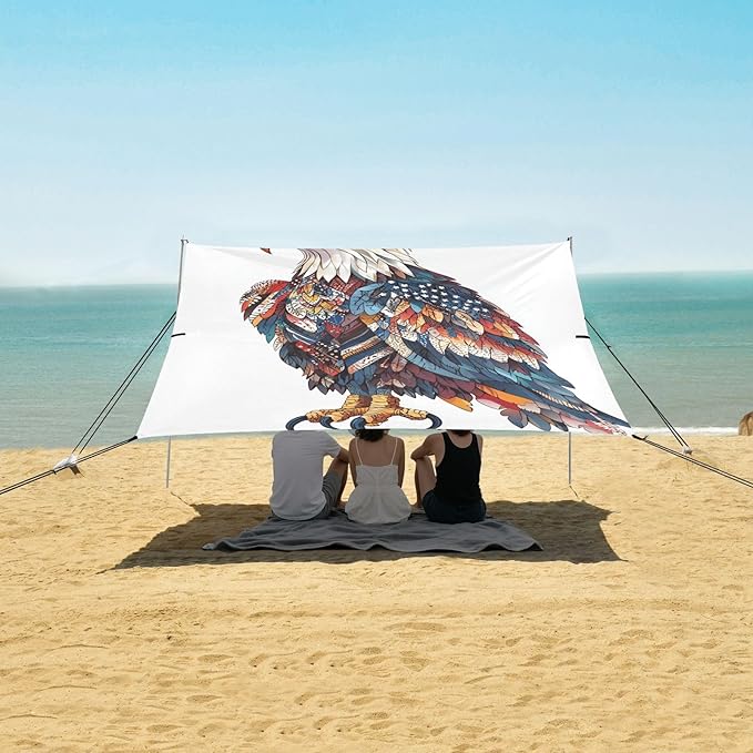 ALAZA Eagles America Color Feathers Beach Tent Sun Shelter Portable Canopy Sunshade for Outdoor Camping Picnics Backyard Fun 10x9 ft