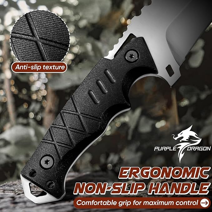 Purple Dragon Fixed Blade Knife with Kydex Sheath - D2 Steel Survival Knives for Camping Bushcraft - Ergonomic G10 Handle Outdoor Survival Gear Christmas Gift for Men and Women