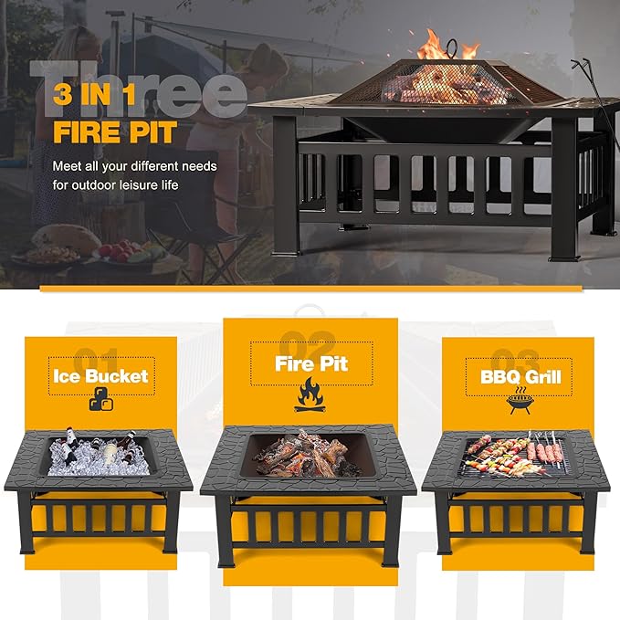 Devoko Outdoor Fire Pit 32 Inch Firepit Table Metal Outdoor Fireplaces with Waterproof Cover for Outside Patio Camping (Black)