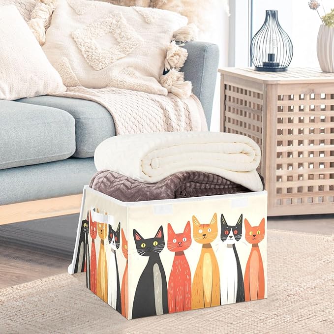 Abstract Cartoon Cat Storage Cube Bins Basket with Lid Collapsible Flip-top Fabric with Handle for Home Bedroom Closet Office 16.5×12.6×11.8 in