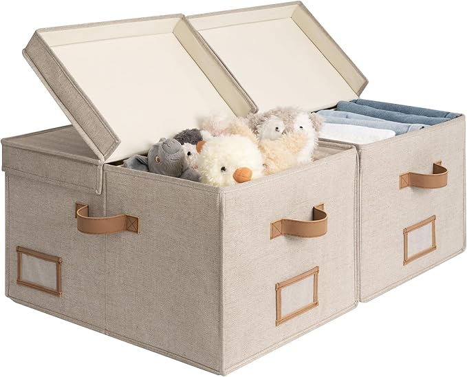StorageWorks Large Clothes Storage Bins Fabric Boxes with Divider Board Baskets for Clothes Linen Closet Organizers with Lid Mixing of Brown &amp Beige 2-Pack