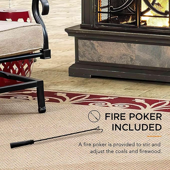 Sunjoy Outdoor Fireplace Stone Look Tile Patio Wood Burning Steel Fireplace with Chimney Spark Screen Fire Poker Rain Cover and Removable Grate Copper with Gray Tile