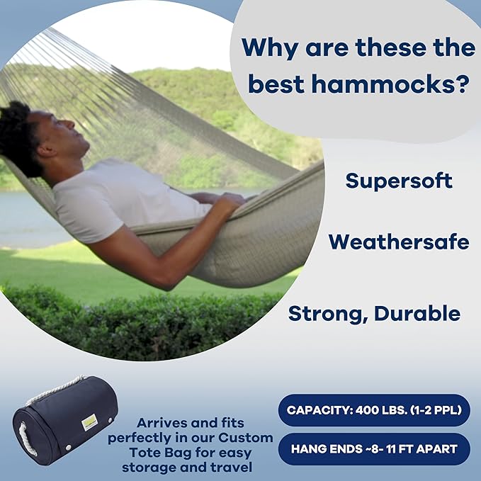 Handwoven Hammock by Yellow Leaf Hammocks - Double Size Fits 1-2 PPL 400lb max - Weathersafe Super Strong Easy to Hang Ultra Soft Artisan Made - Color: Grey