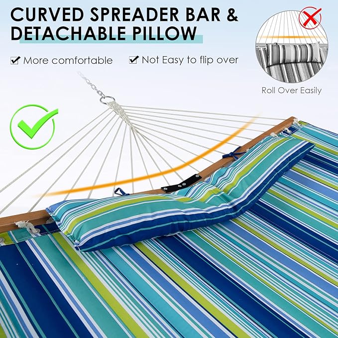 Tangkula 10.5FT Double Hammock Heavy Duty Outdoor Hammock with Curved Spreader Bars Detachable Pillow 2 Person Hammocks for Outside Porch Patio (Stand is not Included) (Blue+Green)