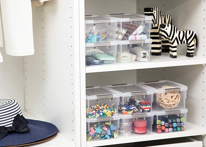 Anywish 8 Packs Small Storage Bins 1.3 QT Plastic Storage Container Stackable Box with Lids for Organizing Clear White