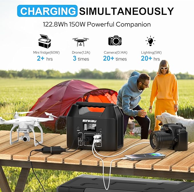 SinKeu Portable Power Station 122.8Wh LiFePO4 Battery Solar Generator for Home Use 150W Power Bank with AC Outlet for Camping RV Emergency Backup