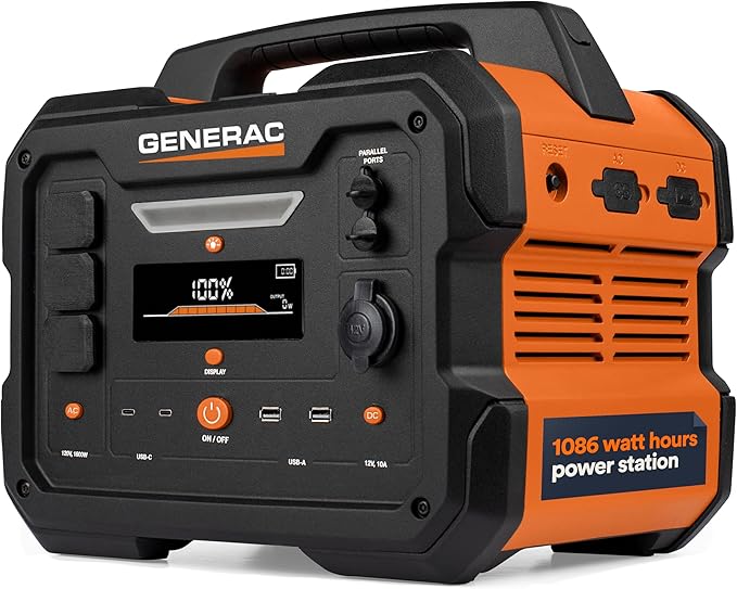 Generac 1086Wh Portable Power Station with Lithium-Ion Battery - Clean Emission-Free Power - Wirless Charging Pad and Compact Design - Camping RV Indoor/Outdoor Use - Orange/Black