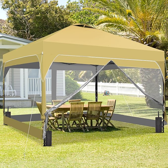GDY 12x12FT Outdoor Pop Up Canopy Tent with One Push Setup Easy Setup Gazebo with 4 PVC Transparent Sidewalls for Patio Parties Camping Khaki