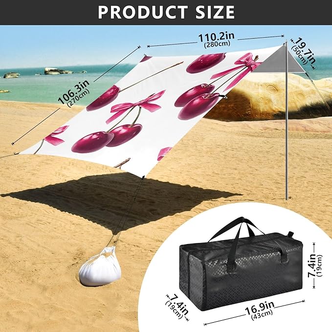 ALAZA Cherry Pink Bow Pattern Beach Tent Sun Shelter Portable Canopy Sunshade for Outdoor Camping Picnics Backyard Fun 10x9 ft