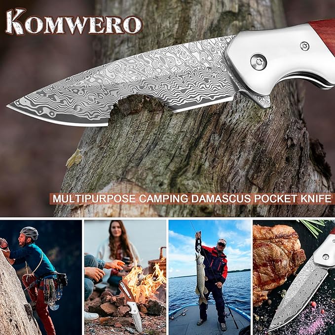 KOMWERO Damascus Pocket Knife Sharp Damascus Steel Knife with Core VG10 Steel Blade Wood Handle Folding Knife with Clip for Men Hunting 60 HRC