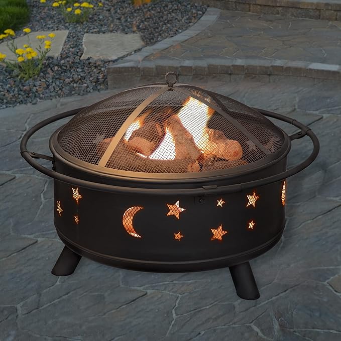 Fire Pit - 32-Inch Outdoor Wood Burning Firepit with Screen Poker and Cover - Outdoor Fire Pits for Backyard Deck or Patio by Pure Garden (Black)