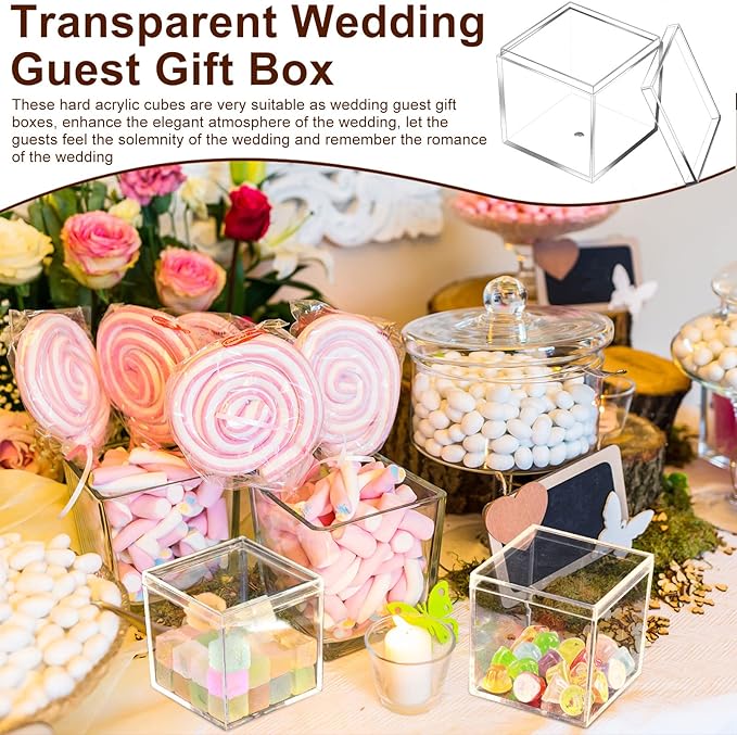 Tuanse 100 Pcs Acrylic Box with Lid Clear Small Acrylic Box Plastic Square Cube with Lid Mini Containers Display 2.2 x 2.2 x 2.2 Inch for Candy Pill Tiny Jewelry Toys Gifts