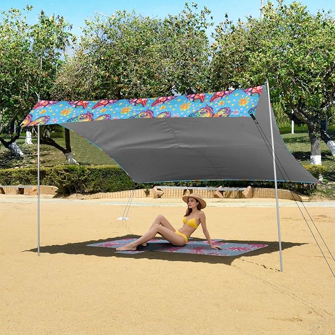 ALAZA Rainbow Butterfly Beach Tent Sun Shelter UPF50+ Protection Beach Shade Canopy w/ 4 Sandbags for Outdoor Camping Fishing Backyard Fun Picnic 10x9 ft