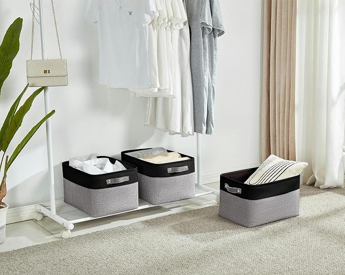 DECOMOMO Storage Baskets for Shelves - Fabric Storage Bins Linen Closet Organizers and Storage (Grey &amp Black XL - 3 Pack)