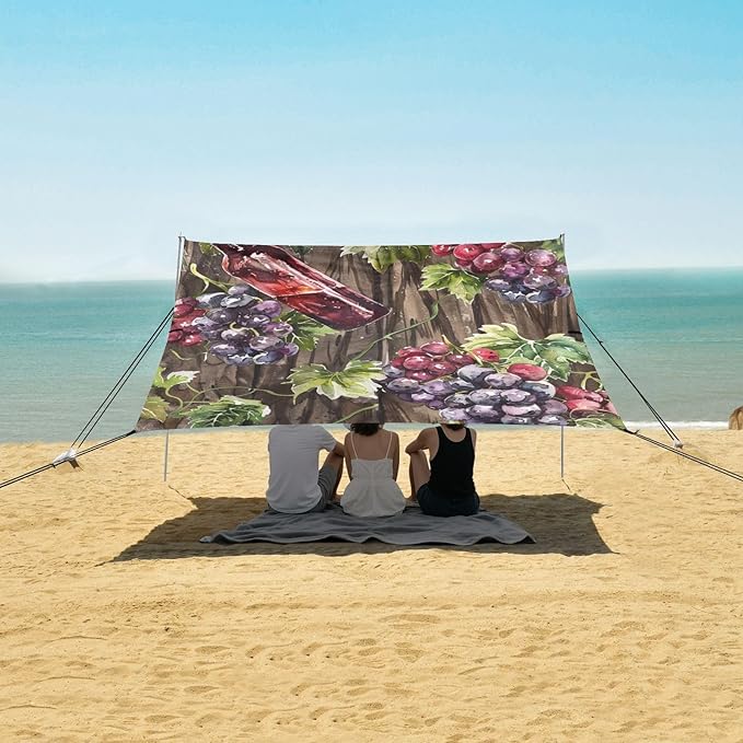 ALAZA Watercolor Red Wine Bottle Wooden Grapes Seamlss Beach Tent Sun Shelter Portable Canopy Sunshade for Outdoor Camping Picnics Backyard Fun 10x9 ft