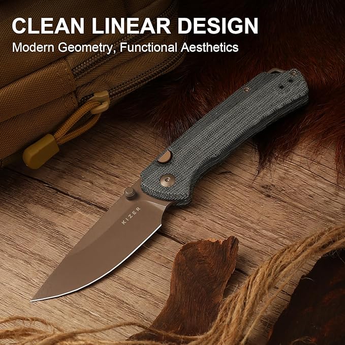 Kizer T1 BD EDC Pocket Knife 3.2 Nitro-V Steel Drop Point Folding Knives with Micarta Handle Thumb Stud Opener Button Liner Lock for Camping Hiking Fishing V3490.2BA2