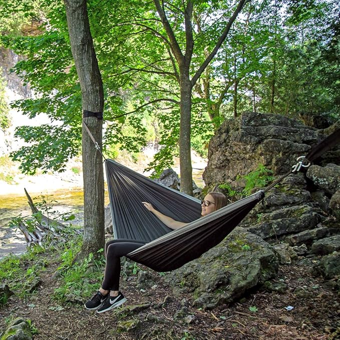 Vivere Double Parachute Camping Hammock Includes Stuff-Sack (Black/Grey)