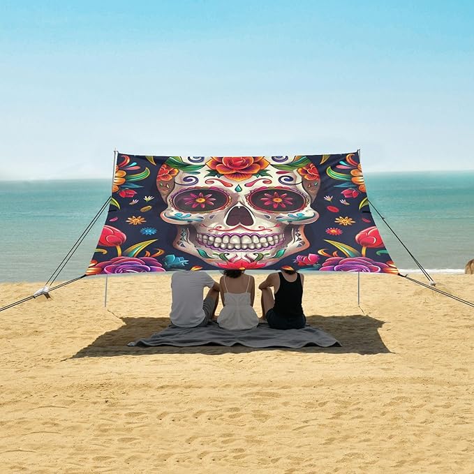 ALAZA Sugar Skull The Day of Dead Floral Beach Tent Sun Shelter Portable Canopy Sunshade for Outdoor Camping Picnics Backyard Fun 10x9 ft