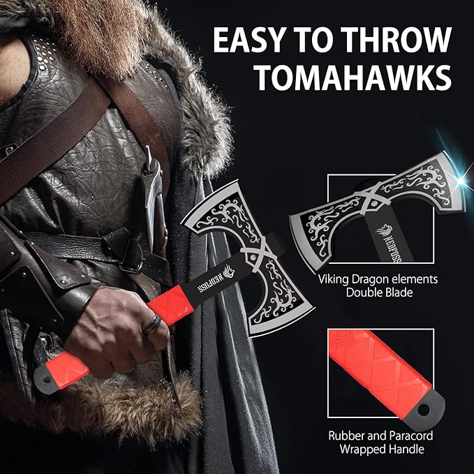 NedFoss Throwing Knife and Throwing Axe Set 11.6 Throwing Axes and Tomahawks Viking Double Bit Tear-Resistant TPR Handle Throwing Axe for Axe Throwing Game (Throwing Combo)