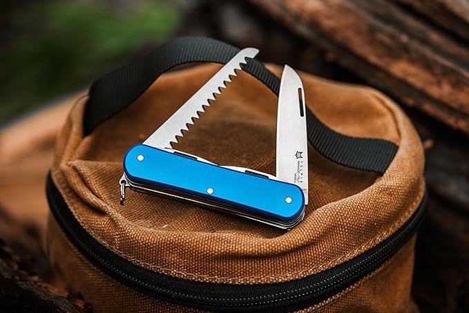 Fox Knives Vulpis FX-VP130-SF5 Slipjoint EDC Pocket Knife 5-in-1 Multitool - 2.17in Blade Hacksaw Bottle Opener Can Opener Scissors Flat Head Screwdriver - Every Day Carry (Sky Blue)