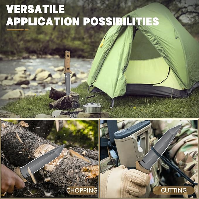 Purple Dragon Khaki Fixed Blade Outdoor Knife with Kydex SheathsD2 Steel Camping Knives for BushcraftHiking and WildernessFull Tang G10 Handle Gifts for Men