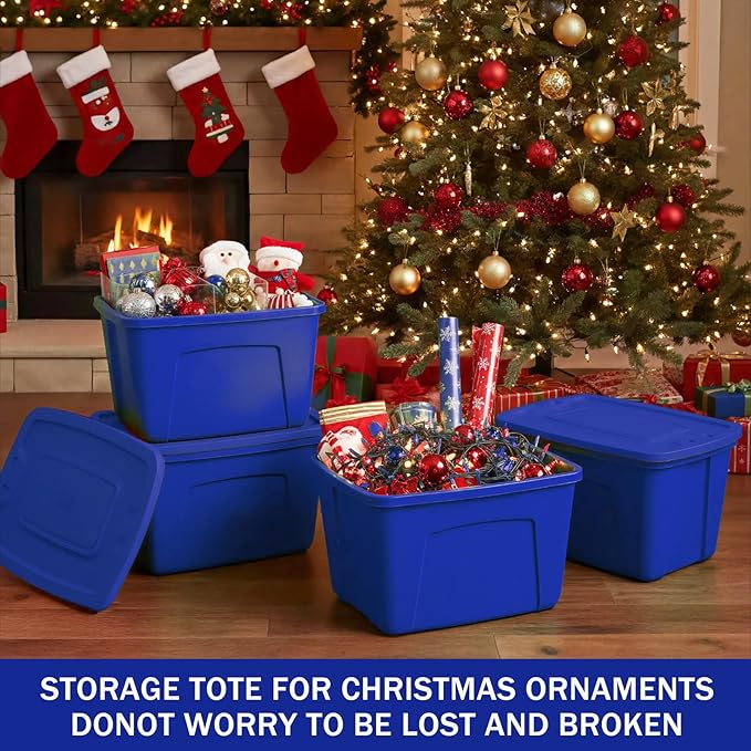Storage Bins with Lids - Made in USA 18-Gallon (72-Quart) 4-Pack Storage Totes with Lids Plastic Stackable Containers Large Storage Boxes for Home and Office Organization Blue/Blue