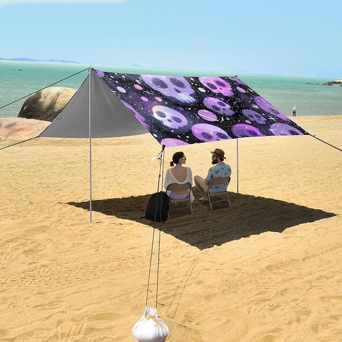 ALAZA Purple Skull Starry Beach Tent Sun Shelter UPF50+ Protection Beach Shade Canopy w/ 4 Sandbags for Outdoor Camping Fishing Backyard Fun Picnic 10x9 ft