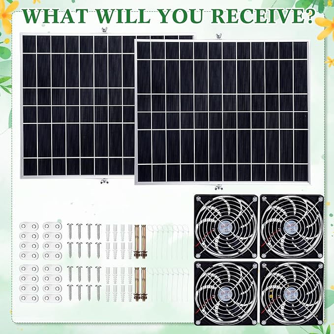 Glooglitter 2 Set 20w Solar Powered Fan Kit for Chicken Coop IP67 Waterproof Dual Solar Greenhouse Fan 3500 RPM High Speed Exhaust Fan with 10ft Cable for Shed Pet House Window Outside Inside