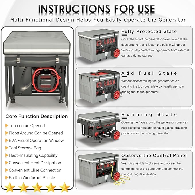 Generator Covers While Running 32x24x24 Inches Generator Covers for Outside Heavy Duty Dustproof/Waterproof 1680+400D Double Layer for 5000W-10000W Frame Generators Grey