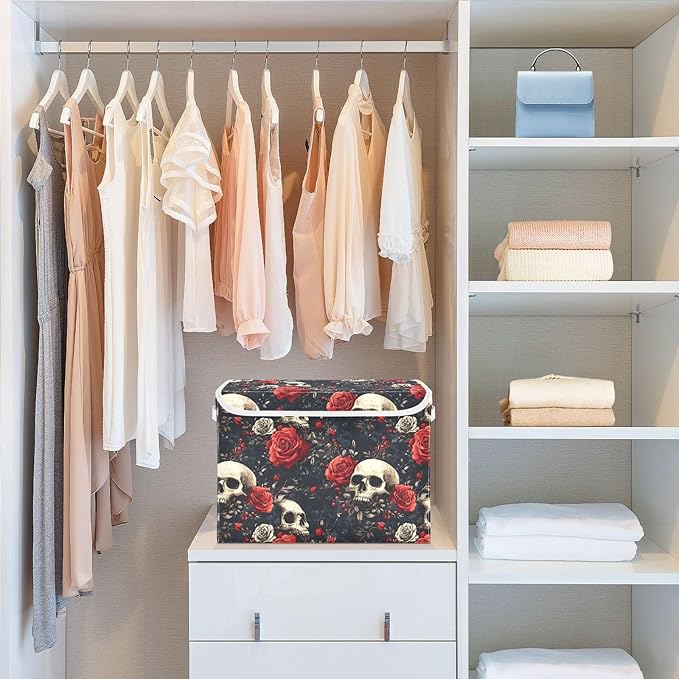 Rose Skulls Storage Cube Bins Basket with Lid Collapsible Flip-top Fabric with Handle for Home Bedroom Closet Office 16.5×12.6×11.8 in